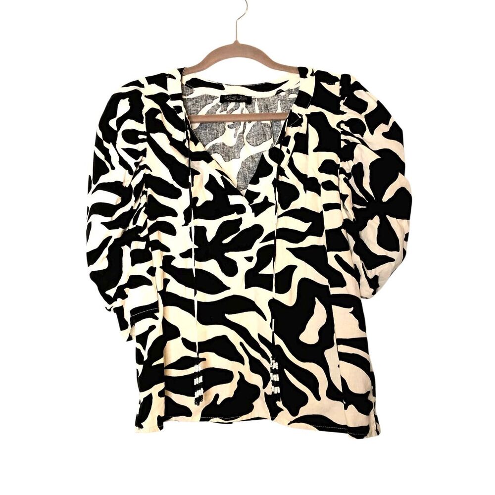 Rachel Zoe Abstract Puff Sleeve Linen Blend Blouse size M travel vacation monoch